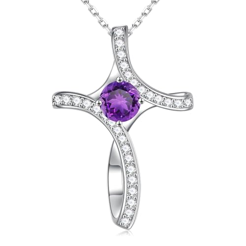 Iefil Cross Necklace for Women - Birthstone Necklace for Women Wife Her - color: 02-February-Amethyst Purple