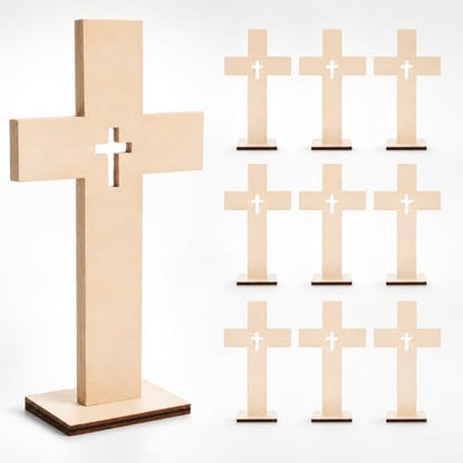 Homoyoyo Wooden Crosses for Crafts, 10 Pack, 6.6 Inch with Wood Bases