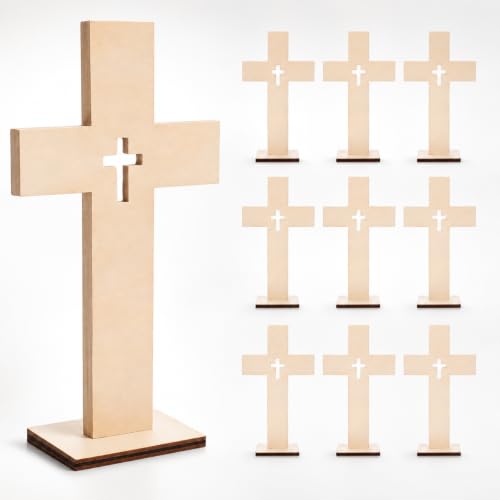 Homoyoyo Wooden Crosses for Crafts, 10 Pack, 6.6 Inch with Wood Bases