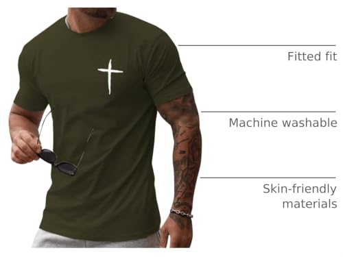 Mens Short Sleeve Cotton T-Shirts Crew Neck Jesus Cross Printed Shirts Faith Christ Shirts - color: Army Green, size: Small