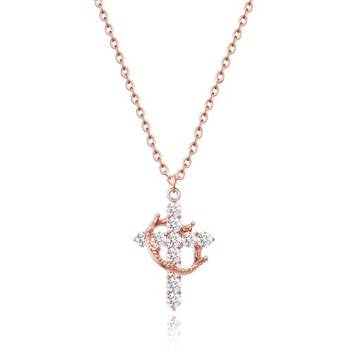 Tewiky Christian Gift Stocking Stuffers Cross Necklace for women-Dainty 14k Gold Plated/Silver Plated Pendant Necklaces Simple Cute Tiny Necklace Jewelry for Women - color: Rose Gold Crown Cross