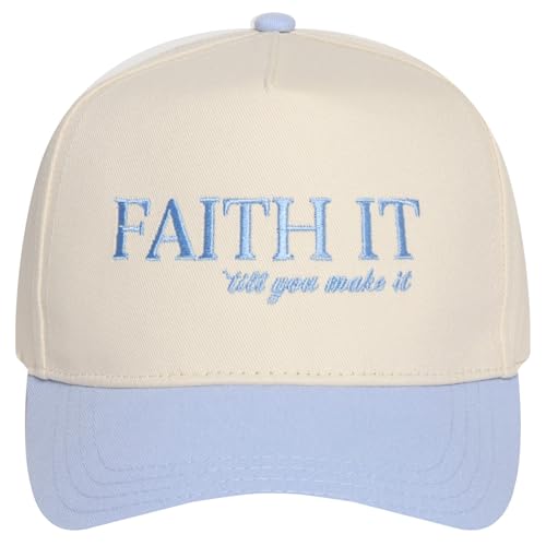 MIRMARU Christian Theme Embroidered 5 Panel Cotton Trucker Hat Snapback Cap for Men and Women - color: Faith It, Light Blue