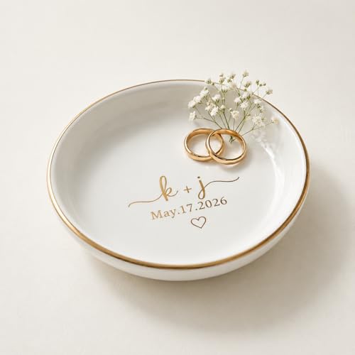 Personalized Jewelry Dish with Initials & Date, Custom Ring Dish for Engagement Rings, Bridesmaid Gifts, Bridal Shower Wedding Gift for Bride, Birthday Graduation Gift for Her Mom - color: Engagement Ring Dish