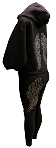 Black and Silver Rhinestone Angel Wings Long Sleeve Hooded Zipper Sweater Black - size: Small
