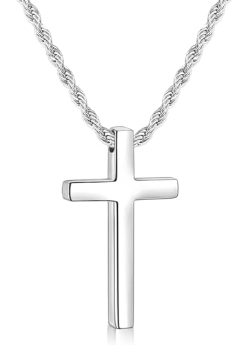 Fiusem Cross Necklace for Men, 2.5mm Rope Chain with Pendant - size: 18 Inch, style: Small silver cross: 1.2" * 0.73"
