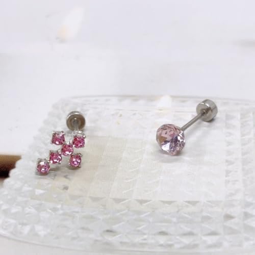 18g Titanium Round Crystal Cross Stud Earrings for Women Silver Plated Stainless Steel CZ Asymmetric Circle Studs Cartilage Tragus Screw Back Post Dainty Birthday Holiday Jewelry - color: Pink CZ