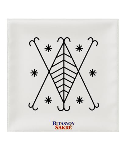 23.6X23.6 INCHES AYIZAN Veve Ceremonial Scarf, white Satin, Traditional Spiritual Design, Religious Altar Accessory Mouchwa Lwa Mouchoir Lwa Loa Mambo Ougan Manbo