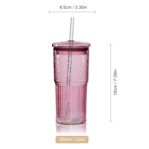 Joeyan 22 oz Pink Glass Tumbler with Straw and Lid,Ribbed Glasses Cups - color: Pink colored glass tumbler