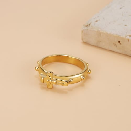 Jesus Cross Ring for Men: Gold Stainless Steel Christian Religious Ring Band Faith Jewelry Gifts for Husband Dad Boyfriend, Size 8-13