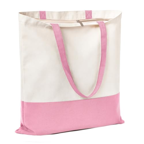 Canvas Tote Bag with Zipper, Halloween Trick or Treat Bags for Kids Bulk - color: [A2] Beige / Pink
