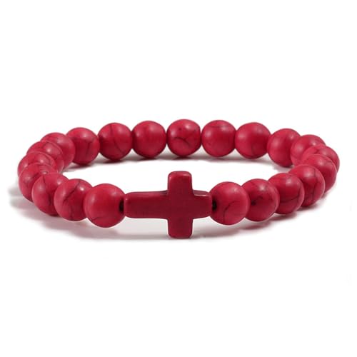 FORUBUS Lava Rock Stone Beaded Bracelet, Cross Charm Natural Volcanic Stone beads Turquoise Stretch Bracelet for Women Men Religion Jewelry Pray Baptism Gift - color: B 1pcs red
