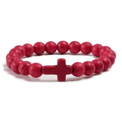 FORUBUS Lava Rock Stone Beaded Bracelet, Cross Charm Natural Volcanic Stone beads Turquoise Stretch Bracelet for Women Men Religion Jewelry Pray Baptism Gift - color: B 1pcs red