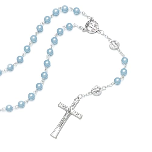 KOMI 6mm Glass Pearl Rosary Beads Catholic for Women with Metal Rosary Box Religious Gifts - style: St Benedict-blue