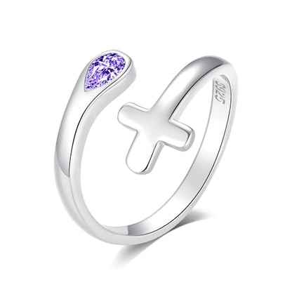 Jinlou Thumb Rings for Women - 925 Sterling Silver Birthstone Open Teardrop Encouragement Adjustable Ring Women Gifts for Teens Mom Birthday Mother's Day St Patricks Day - color: February, style: Cross CZ Ring
