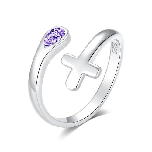 Jinlou Thumb Rings for Women - 925 Sterling Silver Birthstone Open Teardrop Encouragement Adjustable Ring Women Gifts for Teens Mom Birthday Mother's Day St Patricks Day - color: February, style: Cross CZ Ring