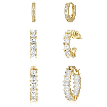 Rotnso Gold Hoop Earrings Set for Women Hypoallergenic Trendy Huggie Stack - style: 3 Pairs CZ Hoops-GD