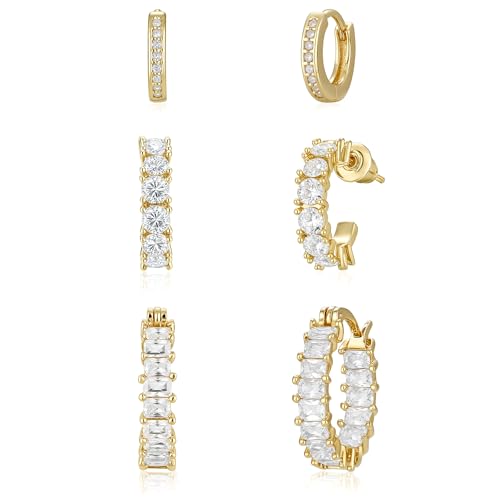 Rotnso Gold Hoop Earrings Set for Women Hypoallergenic Trendy Huggie Stack - style: 3 Pairs CZ Hoops-GD