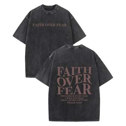 Faith Over Fear Christian Shirt for Men Women Jesus Religious Oversized Graphic Tees Acid Wash Inspirational T‑Shirt - color: Black, size: Small