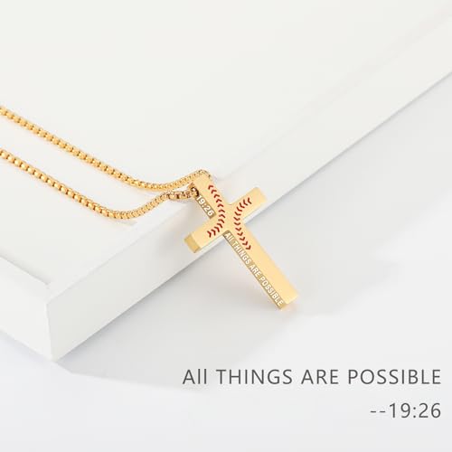 Baseball Bible Verse Cross Necklace for Boys Men, Stainless Steel Cross Pendant Baseball Game Day Christian Religious Jewelry Gifts for Teen Boys Kids - color: Gold, style: PHILIPPIANS 19:26