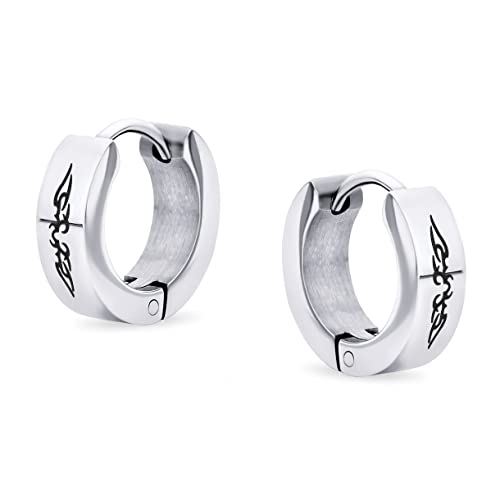 Angel Wings Mini Hoop Huggie Earrings Black Silver Stainless Steel (2 Set)