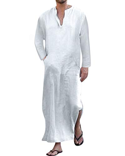 Jacansi Men's 65% Cotton 35% Linen Kaftan Thobe, Long Sleeve Casual Arabic Robe, Loose Long Gown with Pockets - color: White #1, size: XX-Large