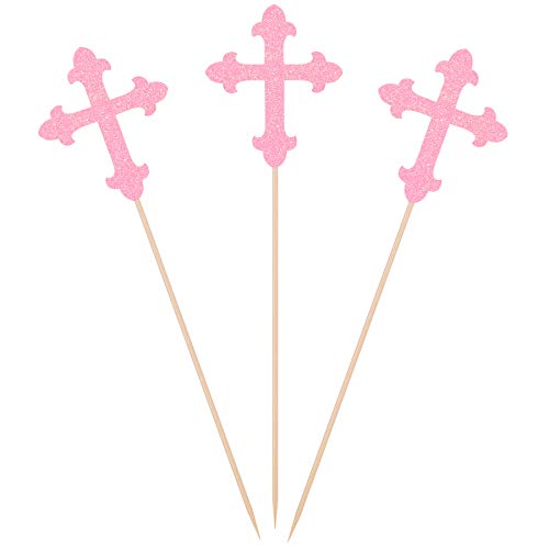 Pink Glitter Cross Centerpiece Sticks for Baptism Christening Party Decorations - Set of 10 - color: Pink