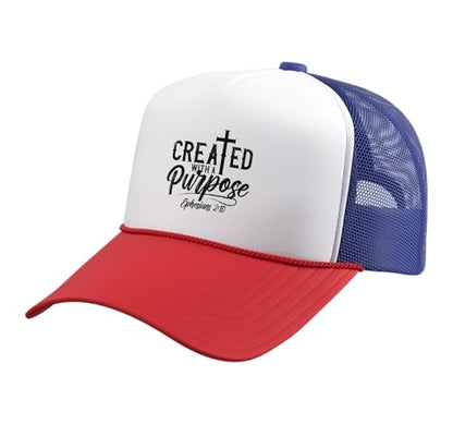 Created with a Destiny Ephesians 2 10 Bible Verses Trucker Hat with Adjustable Mesh Back - color: Red/White/Royal Blue