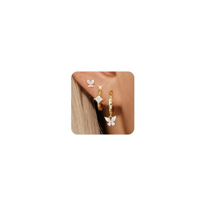 Angelady Gold Hoop Earrings Set for Women, Dainty 14K Gold Plated Flower Moon Cross Dangle Earrings, Hypoallergenic Huggie Hoop Earring Stacks, Stud Earrings for Women Trendy Jewelry Gift - color: Butterfly Earrings