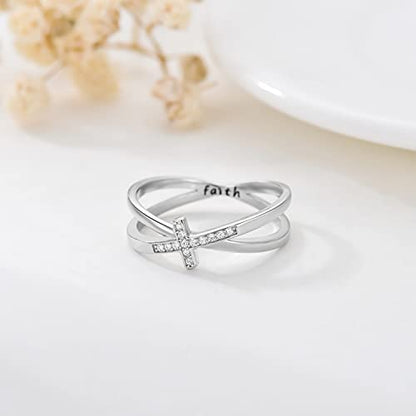 Cross Rings 925 Sterling Silver for Women Christian Religious Jewelry Faith Gifts for Mom Wife Girlfriend Her - color: White-3
