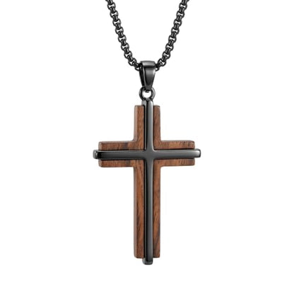 Cross Necklace for Men 925 Sterling Silver & Wood Cross Pendant with Stainless Steel Chain Cross Necklace for Men Women Christian Jewelry Gift - color: Cross-1