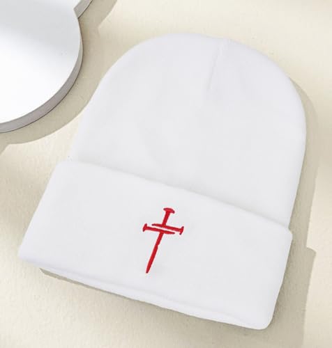 Christian Jesus Cross Beanie - Faith Winter Beanie Hats for Men Women - Religious Gifts for Christmas & New Years - color: Three Nails Cross/White