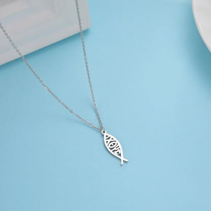 Ichthus Necklace for Women Christian Jesus Fish Necklace Christ Fish Cross Ichthys Pendant Necklace Ichthus Fish Religious Symbol Pendant Christian Jewelry Gift - color: Jesus Fish silver