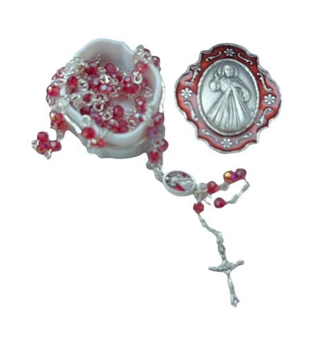 Catholic Silver Linked Rosary Set – 3mm Beads, 14.25" Length, Metal Keepsake Gift Box with Enamel Inlay – Perfect First Communion Gift (Divine Mercy) - color: Divine Mercy