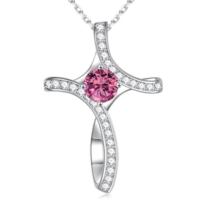 Iefil Cross Necklace for Women - Birthstone Necklace for Women Wife Her - color: 10-October-Tourmaline Pink