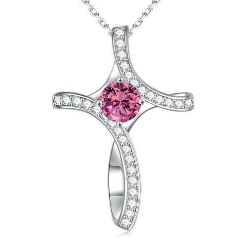 Iefil Cross Necklace for Women - Birthstone Necklace for Women Wife Her - color: 10-October-Tourmaline Pink