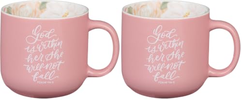 Christian Art Gifts Ceramic Coffee Mug: Psalm 46:5 Bible Verse, Microwave & Dishwasher Safe, Cute Floral Design, Novelty Drinkware, Encouraging Gift for Women Pink/White, 14 oz. (Pack of 2) - color: God is Within Her/Pink Floral, size: 14 Ounces (Pack of