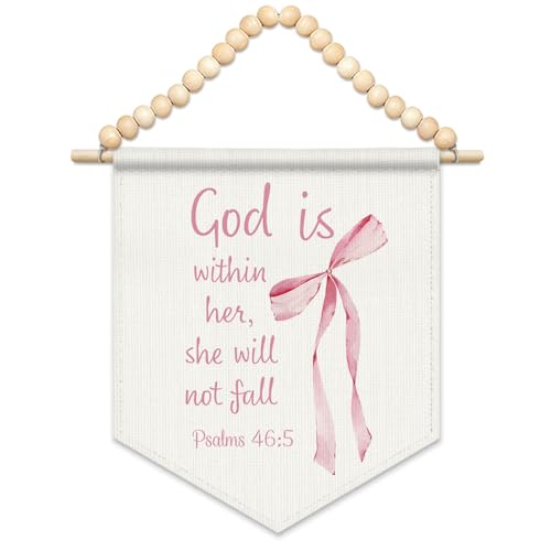 FLVGE Coquette Pink Bow Christian Wall Art Decor, God Is Within Her She Will Not Fall Canvas Banner, Boho Wood Beads Bible Verses Bow Wall Art Decor Hanging Pennant Flag for Dorm,11x14 - color: 01-Pink Bible(01)