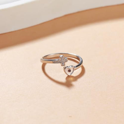 SUYACS 925 Sterling Silver Mustard Seed Heart Cross Rings for Women - color: Silver