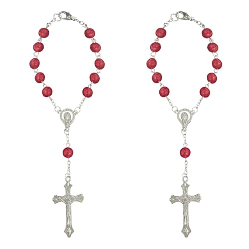 ZIMISI 2PCS Car Rosary for Rearview Mirrors, Cross for Car Mirror Hanging Accessories, Medal and Cross Rear View Mirror Charm, Universal Hanging Ornament Pendant for Women (Red) - color: Red