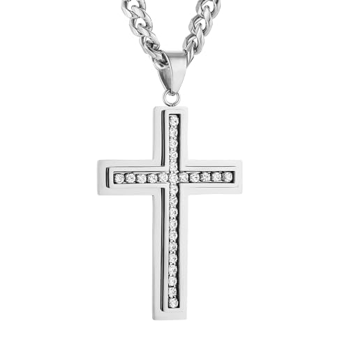 HZMAN Cross Necklace for Men Stainless Steel Cross with Cubic Zirconia Inlay Pendant Necklace with 7mm Cuban Chain 24In - color: Silver