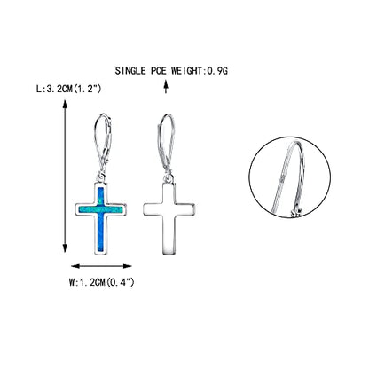 EVER FAITH 925 Sterling Silver Cross Earrings Created Opal Dangle Leverback Earring Minimalist Church Jewelry - color: Blue