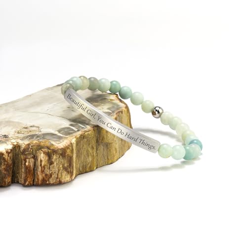 Inspirational Christian Bracelet for Women, 18K Gold Plated Bible Verse Jewelry with Amazonite Beads, Religious Faith Gift for Mom, Daughter, Sister, Friend - color: Beautiful G, You Can Do Hard Things.-Amazonite Silver