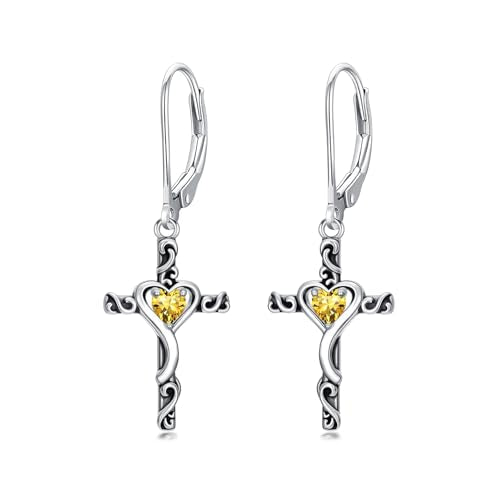 TOUPOP Cross Birthstone Earrings 925 Sterling Silver Heart Cross Dangle Earrings Fine Jewelry Christmas Birthday Gifts for Women Wife Mom Her - color: White Gold-11-November-Citrine