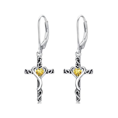 TOUPOP Cross Birthstone Earrings 925 Sterling Silver Heart Cross Dangle Earrings Fine Jewelry Christmas Birthday Gifts for Women Wife Mom Her - color: White Gold-11-November-Citrine