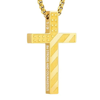 Cross Necklace for Men Black Gold Silver American Flag Pendant Chain Bible Verse Stainless Steel Necklaces Mens Stocking Stuffers for Christmas Christian Gifts - color: gold, style: 1:9-