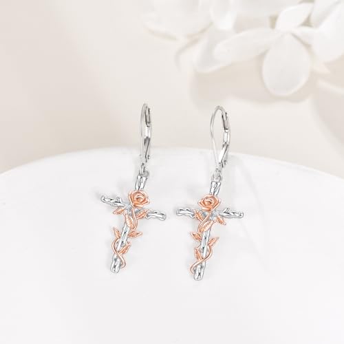 LUHE Sterling Silver Corss/Daisy/Musica Note Dangle Earrings for Women - style: Rose Flower Cross Earrings