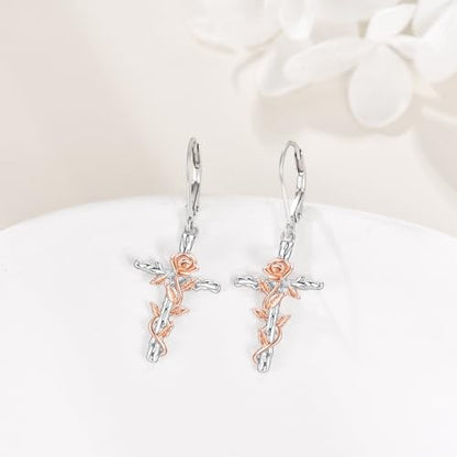 LUHE Sterling Silver Corss/Daisy/Musica Note Dangle Earrings for Women - style: Rose Flower Cross Earrings