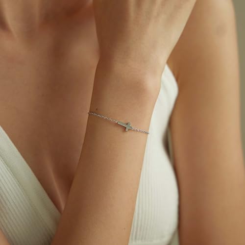 18K Gold Plated Pearl Beaded Cross Bracelets for Women Adjustable - color: Tiny Cross-White Gold