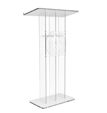 FixtureDisplays® Clear Podium Plexiglass Lecturn Transparent Church Pulpit with Christian Church Cross Prayer Hand Trinity Style Easy Assebmly Required 15411+12152-NPF