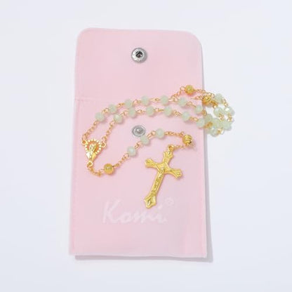 KOMI Crystal Rosary Beads with Jesus Crucifix, Catholic Necklace for Women First Communion Rosarios Wedding Rosary with Velvet Bag - style: 6MM-green-2
